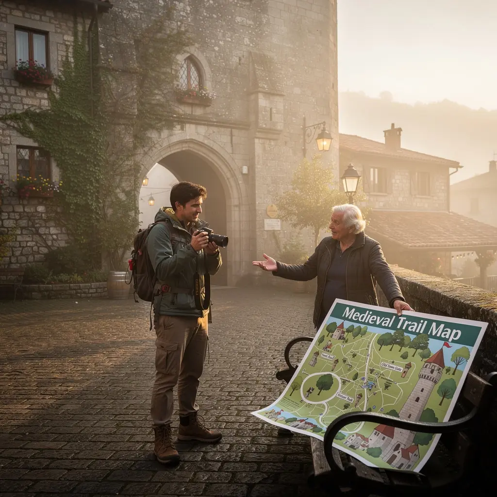Ein entspannter Reisender genießt die Aussicht auf eine alte Burg über dem Fluss.