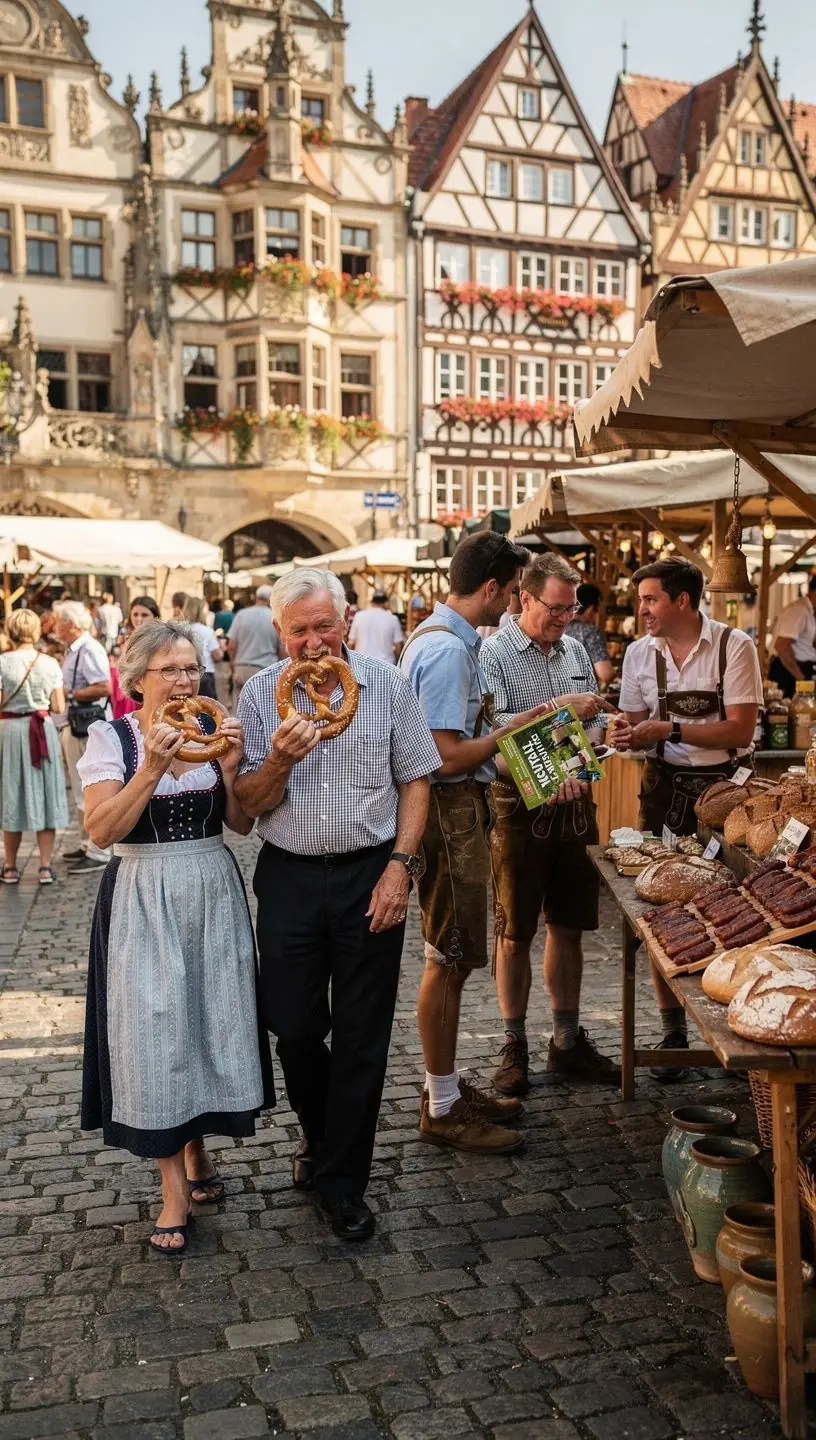 Kulturelle Veranstaltungen in einem historischen Platz mit lebhaften Ständen und Kunsthandwerkern.